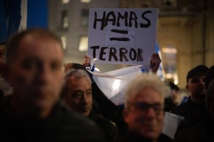 Members of the Jewish community gather outside BBC Broadcasting House to demonstrate against the BBC's ongoing refusal to label Hamas as terrorists.