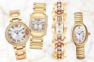 Four golden Cartier watches.