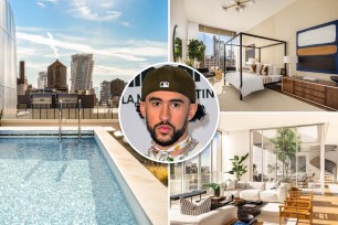 Inset of Bad Bunny over shots of the penthouse he's renting.