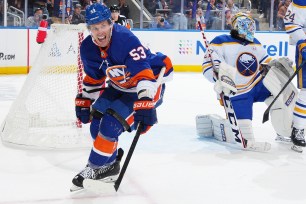 Casey Cizikas celebrates after scoring the game-winning goal in the third period of the Islanders' 3-2 opening-night win over the Sabres.