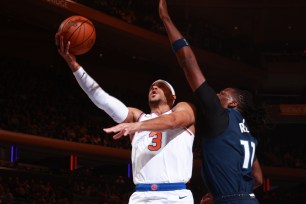 Josh Hart goes up for a layup during the Knicks' 121-112 loss to the Timberwolves.