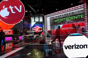 Apple TV logo, ESPN SportsCenter set, Verizon logo