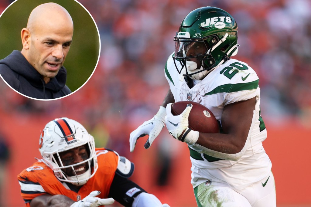 Breece Hall of the Jets runs against the Broncos; inset: Robert Saleh