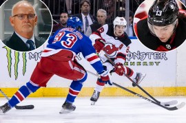 Jack Hughes of the New Jersey Devils tries to move past the Rangers' Mika Zibanejad; inset: Lindy Ruff, Nico Hischier