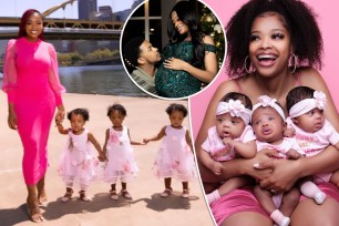 (Left) Mom Dee Michelle, 26, from Pittsburgh, Pennsylvania, with her triplet daughters Amber, Dream and Amani. (Right) Michelle and her triplets. (Inset) Michelle and fiancé Antonio Livingston, 29. 