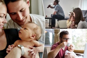 (Left) A father holding his new baby. (Top right) Father drinking alcohol while his wife and child look away. (Bottom Right) A father relaxing with a cup of coffee. 
