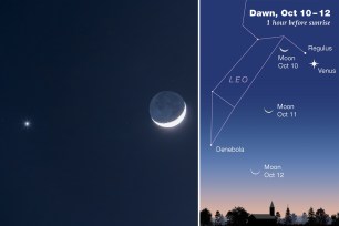 The moon and Venus will visibly "snuggle," as Space.com puts it, in the night sky early Tuesday morning.