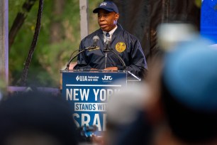New York Mayor Eric Adams speaks to thousands at a 'New York Stands With Israel' vigil and rally on October 10, 2023 in New York City.