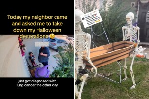 Salena Webb put her Halloween decor up in September, which included a makeshift graveyard with cardboard tombstones, a giant spiderweb draped over her front porch and two life-sized skeletons with a small casket.
