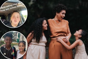 Yamel Belen, mom of five, with her youngest daughters ages 9 and 7. (Inset top) A screenshot of TikTok mom Hannah Clarneau. (Inset bottom) Lisett Bohannon's children, Kingston, 10, and Billie, 8. 