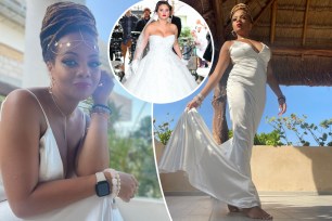 (Left) Andria Johnson, 39, at her wedding in May. (Right) Johnson in her wedding dress. (Inset) Selena Gomez in a bridal gown. 