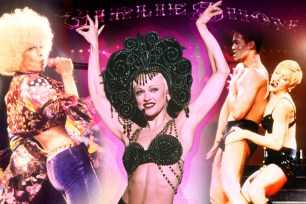 Three pics of Madonna in the Girlie Show.