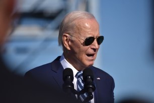 US President Joe Biden delivers remarks on the killing of a Philadelphia police officer, the Israel-Hamas war and Bidenomics at Tioga Marine Terminal in Philadelphia.