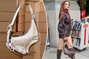 Syro stiletto handbag in silver, Julia Fox carrying brown version
