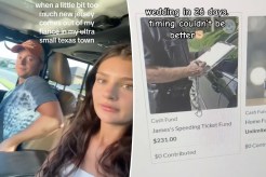 (Left) Couple Annabelle and James. (Right) A screenshot of the couple's speeding ticket payment request on their wedding registry. 