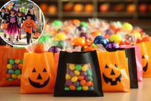Сolorful trick or treat bags filled with candy for Halloween